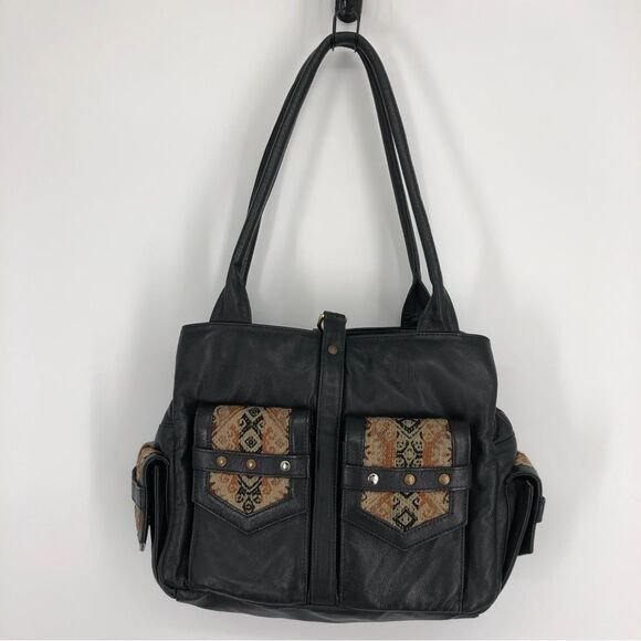 John Cole Satchel Bag Leather Woven Tapestry Bag Black Zip Snaps Boho Chic - Picture 1 of 16